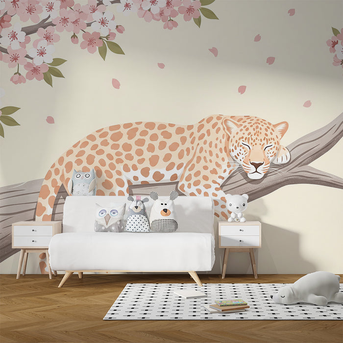 Carta da parati bambini | Leopardo tranquillo sotto i ciliegi in fiore
