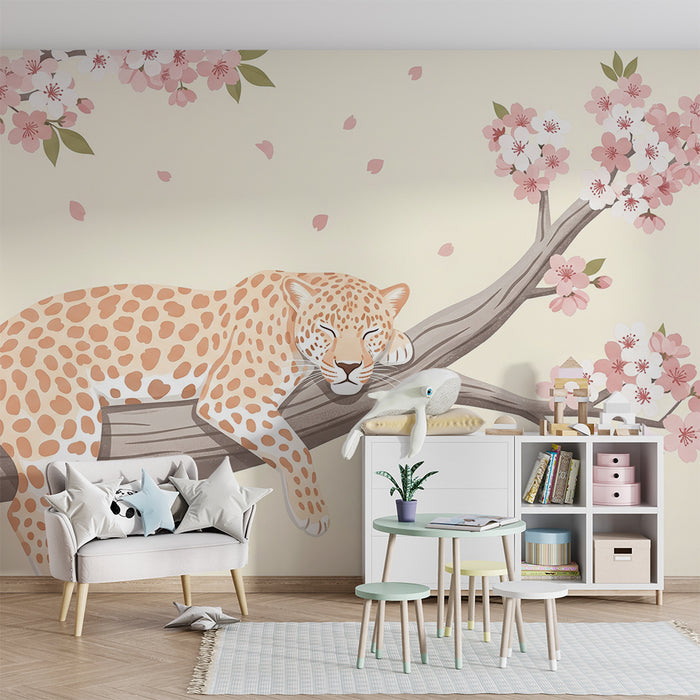 Carta da parati bambini | Leopardo tranquillo sotto i ciliegi in fiore
