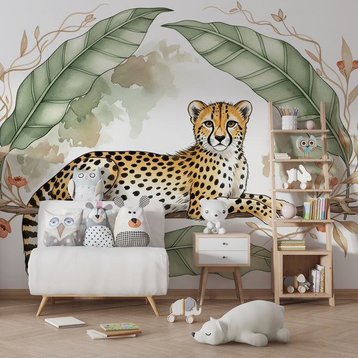 Papel de parede criança | Leopardo tranquilo sob as folhas