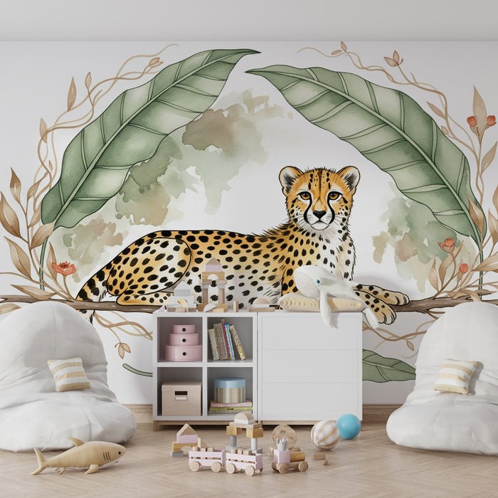 Papel de parede criança | Leopardo tranquilo sob as folhas