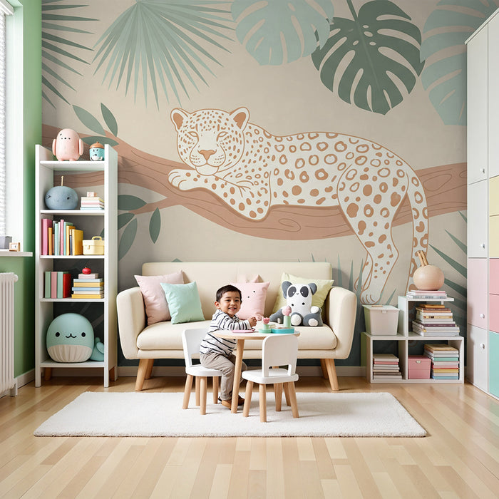 Papel de parede para quarto de criança | Leopardo tranquilo num ramo com folhagem tropical