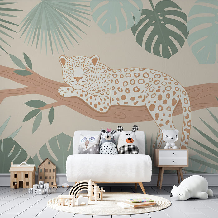Papel de parede para quarto de criança | Leopardo tranquilo num ramo com folhagem tropical
