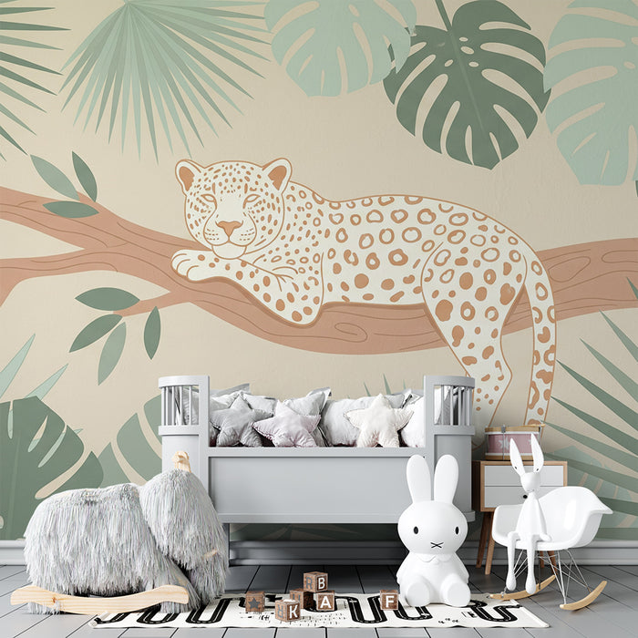 Papel de parede para quarto de criança | Leopardo tranquilo num ramo com folhagem tropical