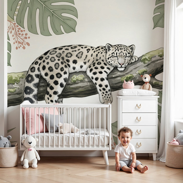 Papel de parede criança | Leopardo preguiçoso e folhagem tropical