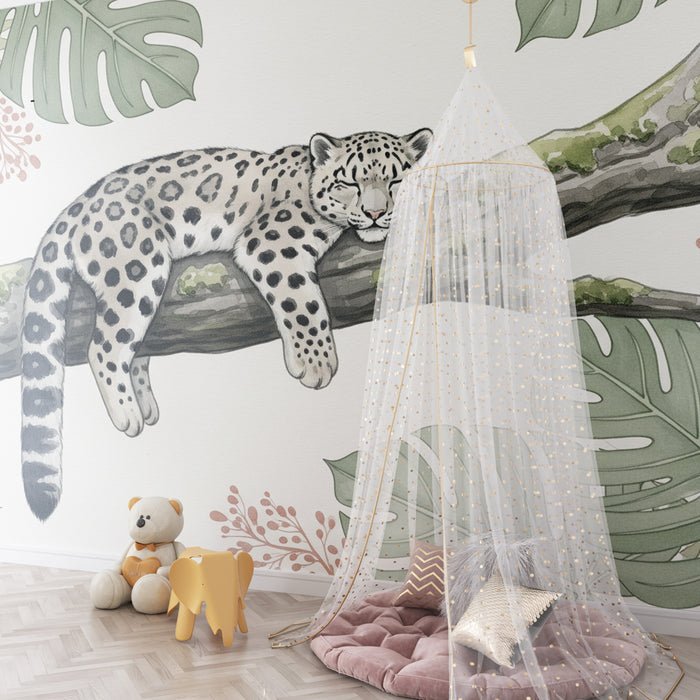 Papel de parede criança | Leopardo preguiçoso e folhagem tropical