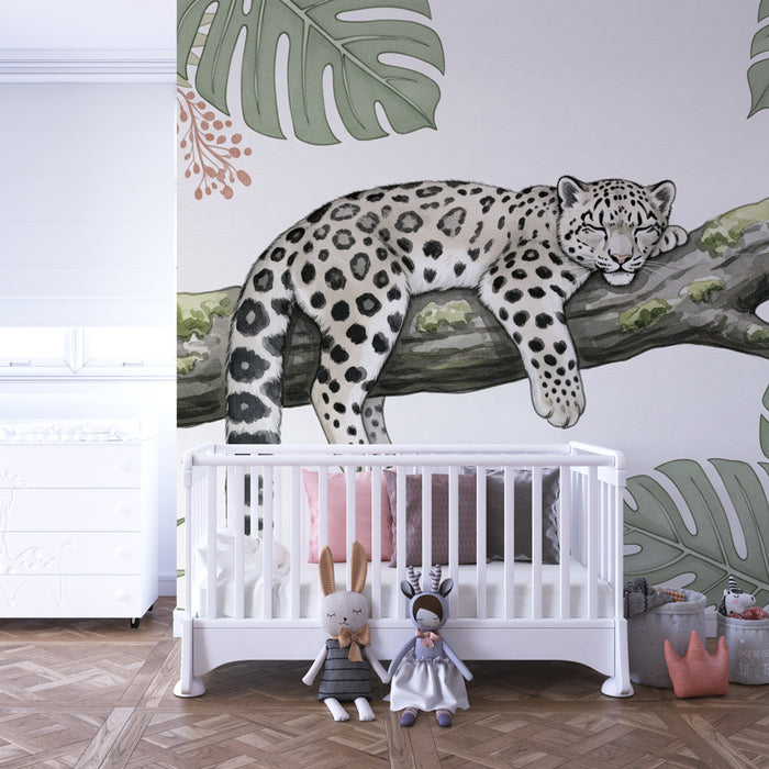 Papel de parede criança | Leopardo preguiçoso e folhagem tropical