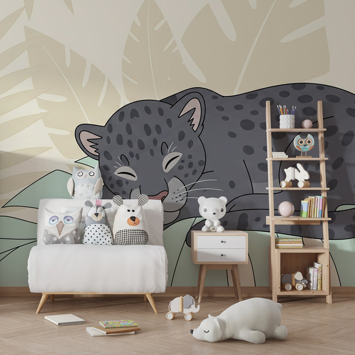 Kids room wallpaper | Dark sleeping leopard in the jungle