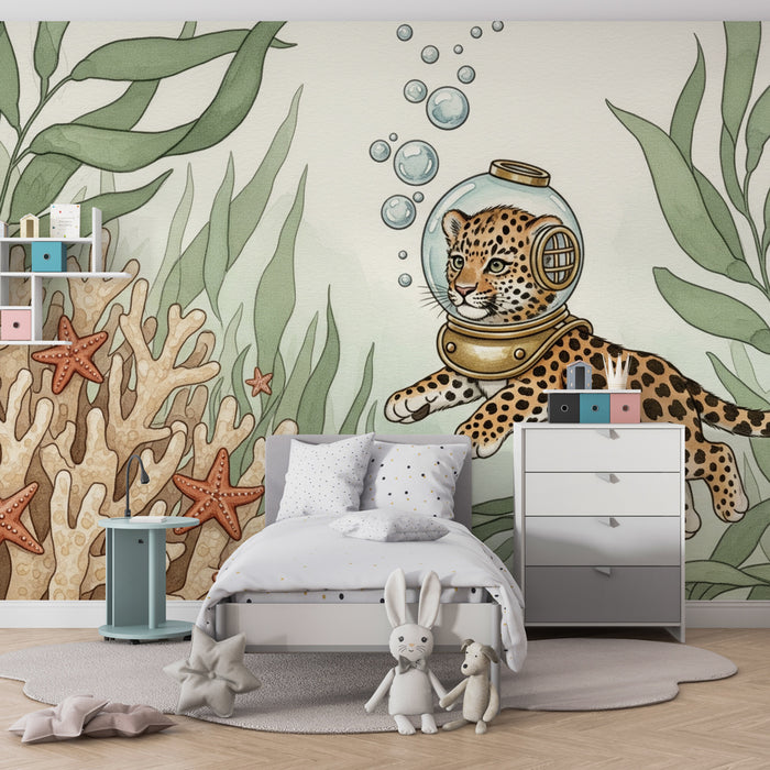 Papel pintado infantil | Leopardo submarino aventurero
