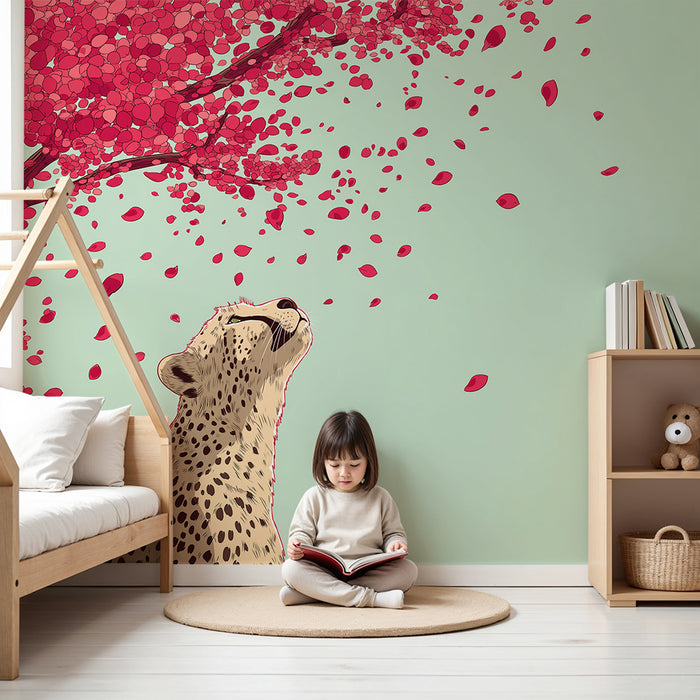 Kids room wallpaper | Leopard under a flowering tree with pink petals
