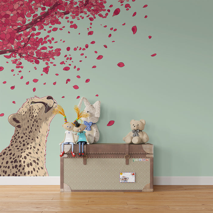 Kids room wallpaper | Leopard under a flowering tree with pink petals