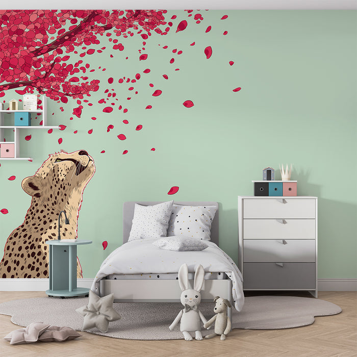 Kids room wallpaper | Leopard under a flowering tree with pink petals