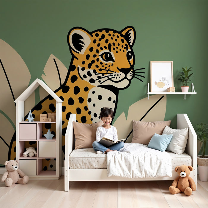 Papier peint chambre enfant | Léopard stylisé et feuillage tropical