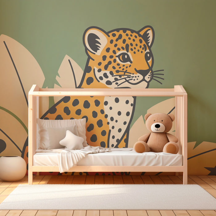 Papier peint chambre enfant | Léopard stylisé et feuillage tropical