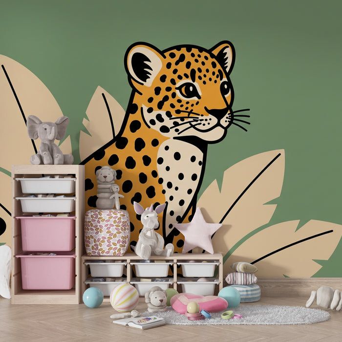 Papier peint chambre enfant | Léopard stylisé et feuillage tropical