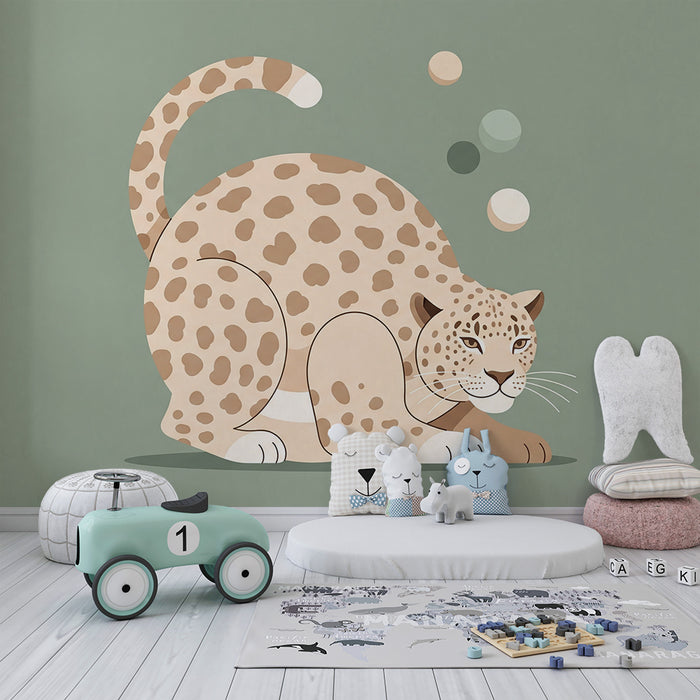 Børneværelse tapet | Stiliseret leopard på blød grøn baggrund