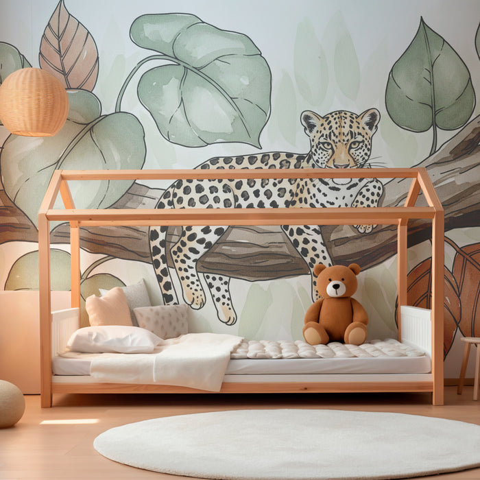 Papel de parede criança | Leopardo em um galho com folhagem terracota e verde
