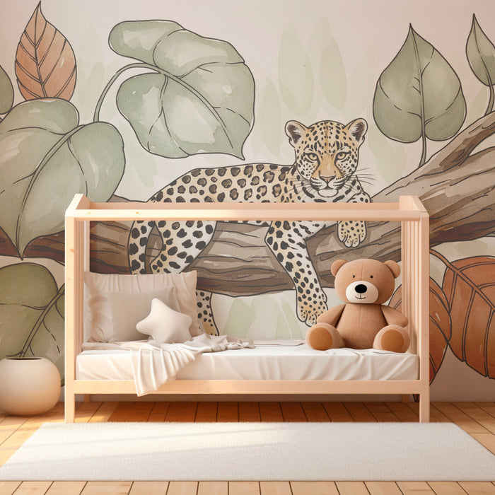 Papel de parede criança | Leopardo em um galho com folhagem terracota e verde