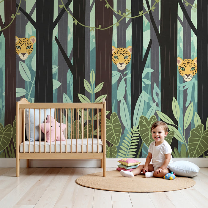Papel pintado infantil | Leopardos curiosos en una selva verde