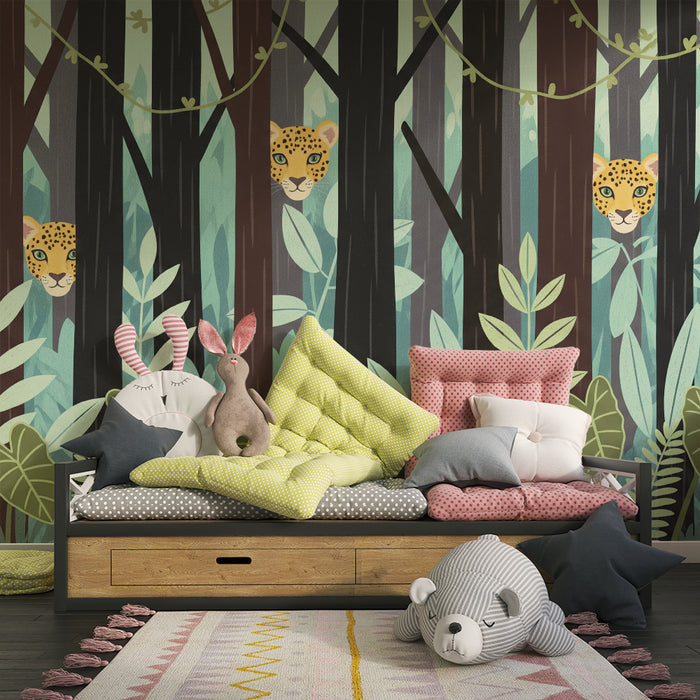 Papel pintado infantil | Leopardos curiosos en una selva verde