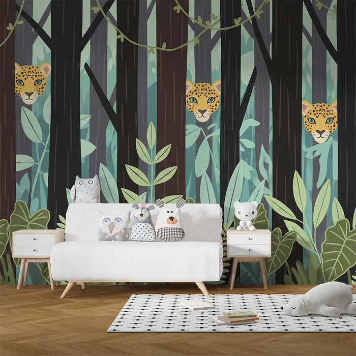 Papel pintado infantil | Leopardos curiosos en una selva verde