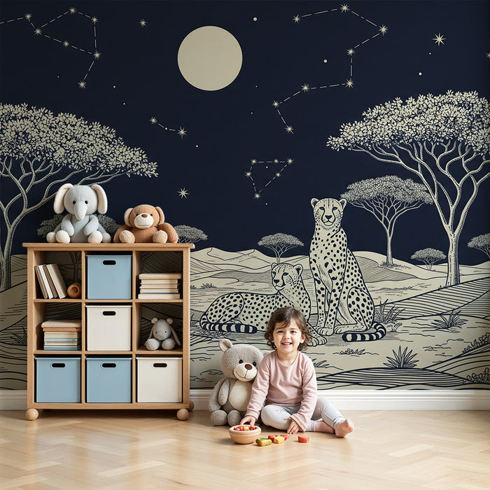 Papel pintado infantil | Leopardos en monocromo bajo un cielo estrellado