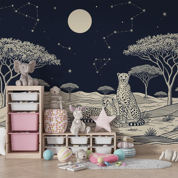 Papel pintado infantil | Leopardos en monocromo bajo un cielo estrellado