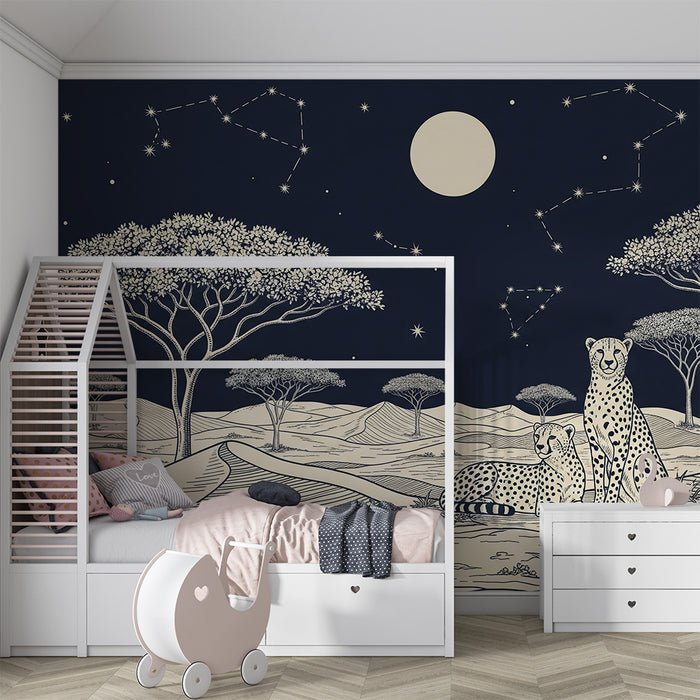 Papel pintado infantil | Leopardos en monocromo bajo un cielo estrellado