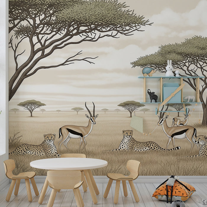 Børneværelse tapet | Leoparder og antiloper i den gyldne savanne