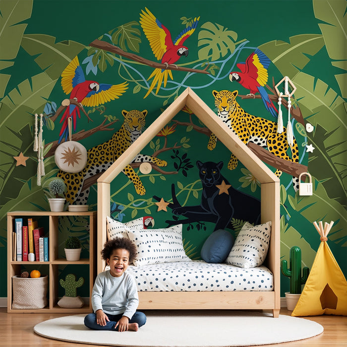 Kids room wallpaper | Leopardid ja papagoid värvikas džunglis