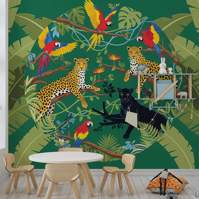 Kids room wallpaper | Leopardid ja papagoid värvikas džunglis