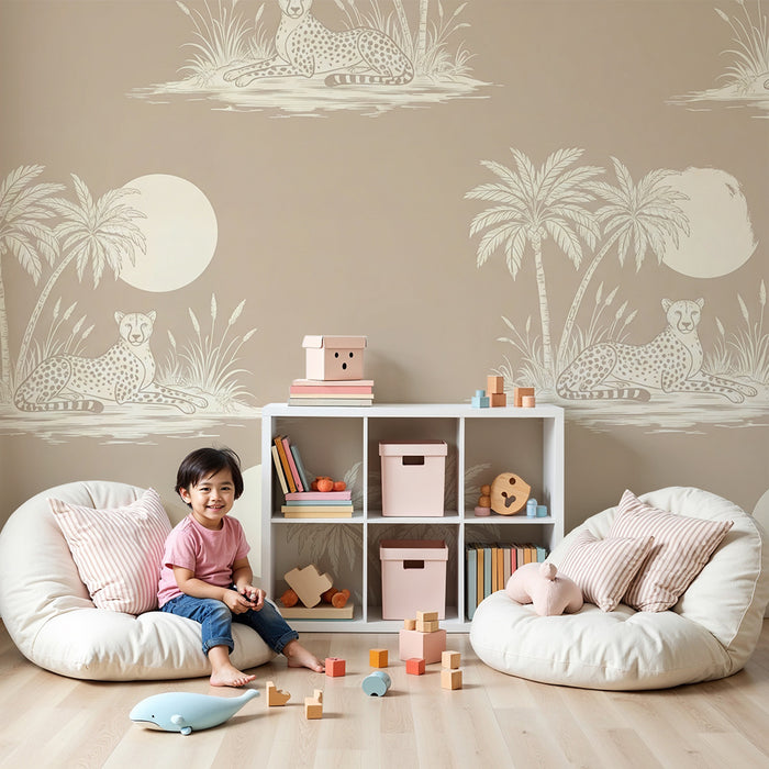 Papier peint chambre enfant | Léopards majestueux au milieu de palmiers et d'une lune douce