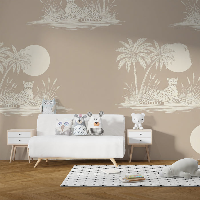 Papier peint chambre enfant | Léopards majestueux au milieu de palmiers et d'une lune douce