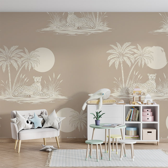 Papier peint chambre enfant | Léopards majestueux au milieu de palmiers et d'une lune douce