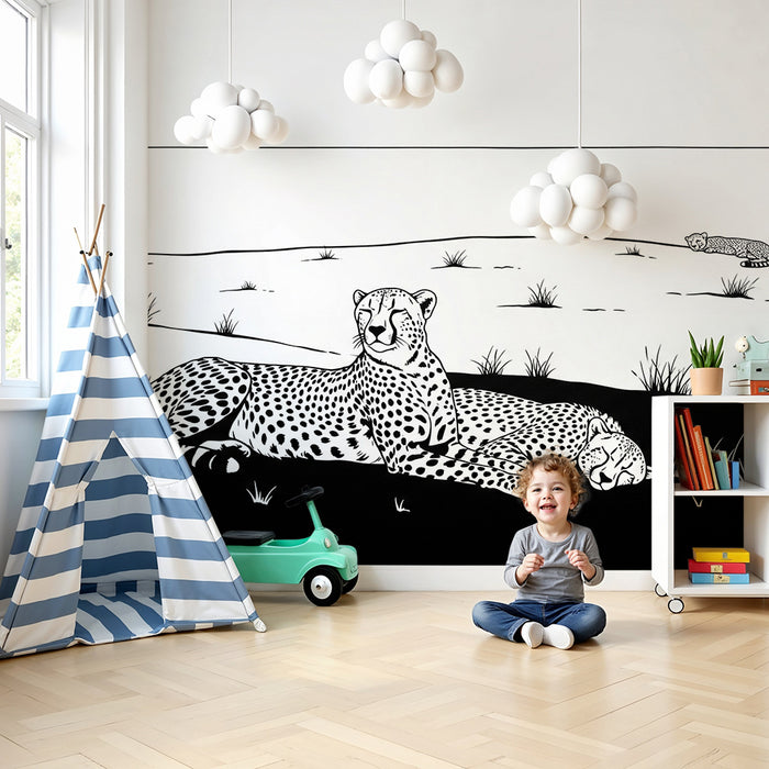 Papel pintado infantil | Leopardos majestuosos en la sabana en blanco y negro