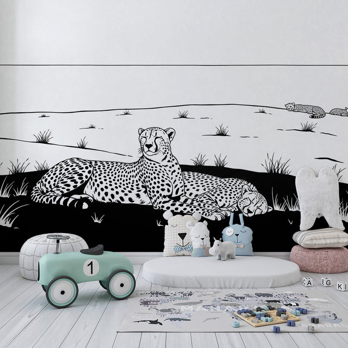Papel pintado infantil | Leopardos majestuosos en la sabana en blanco y negro