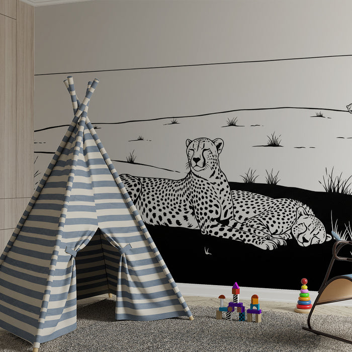 Papel pintado infantil | Leopardos majestuosos en la sabana en blanco y negro