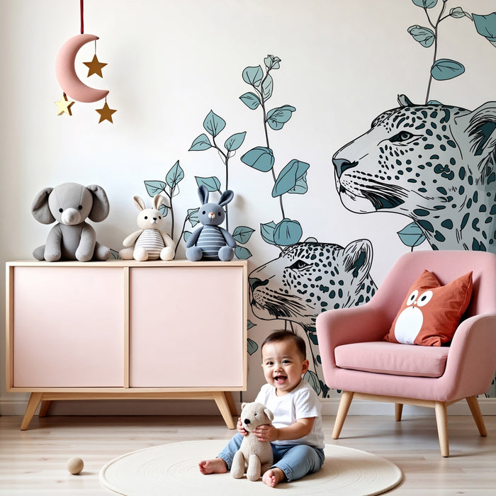 Papier peint chambre enfant | Léopards majestueux et feuillage délicat