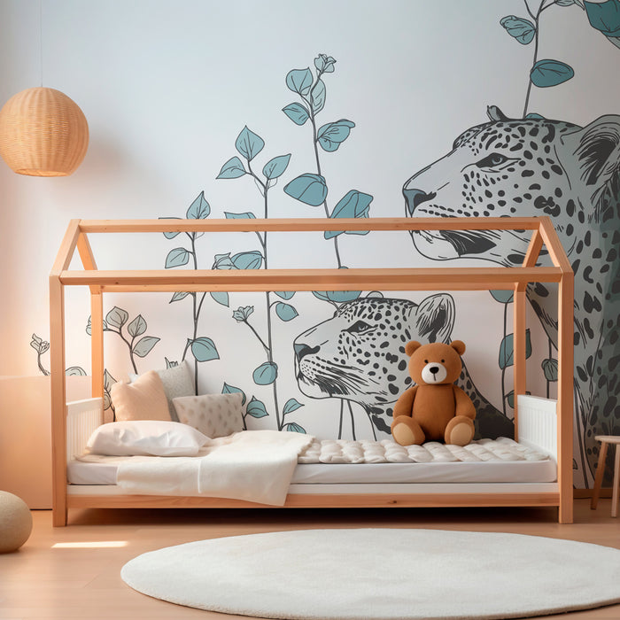 Papier peint chambre enfant | Léopards majestueux et feuillage délicat