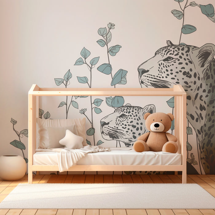 Papier peint chambre enfant | Léopards majestueux et feuillage délicat
