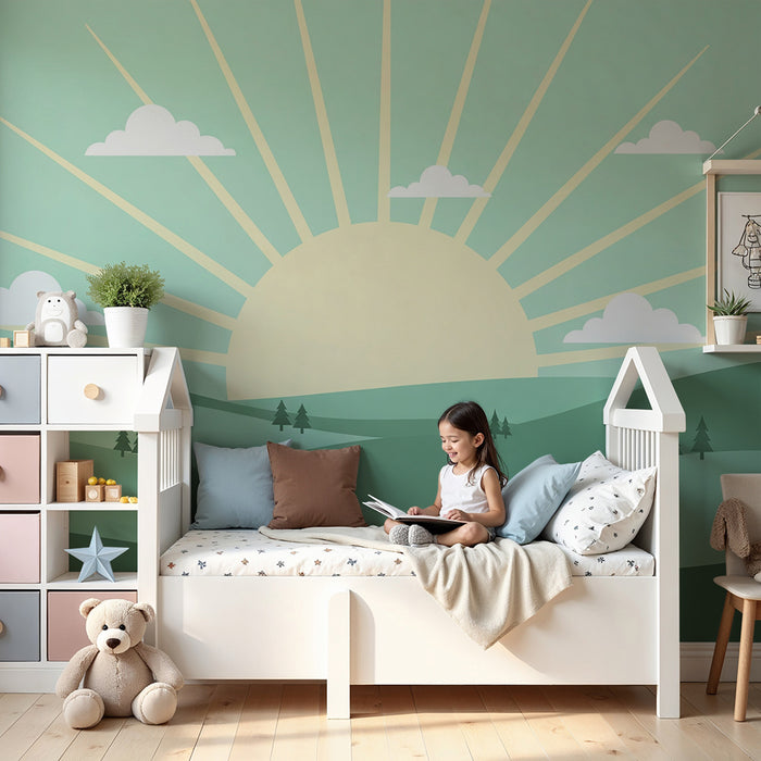 Kinderzimmer Tapete | Sonnenaufgang über grünen Hügeln