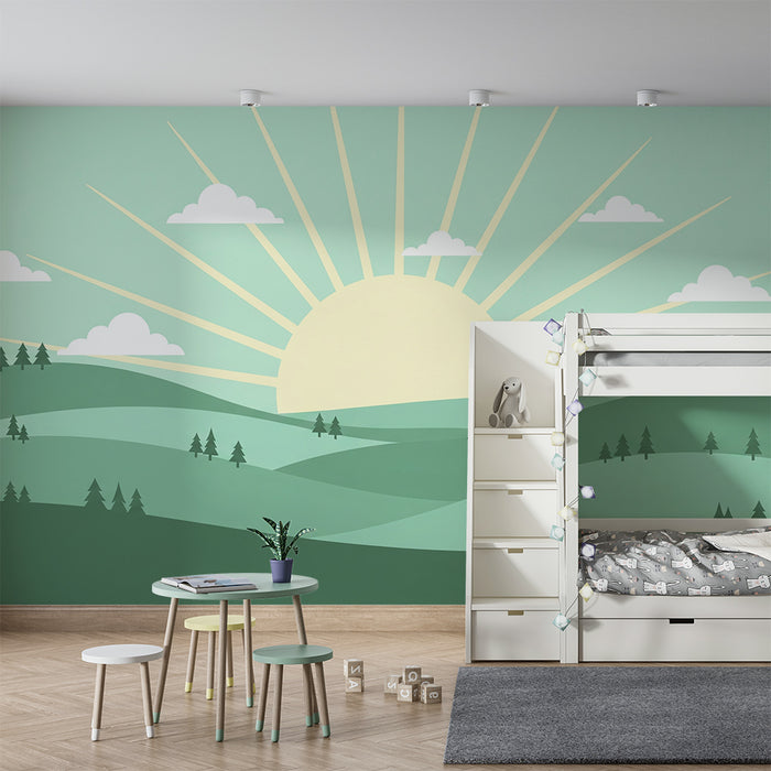 Kinderzimmer Tapete | Sonnenaufgang über grünen Hügeln