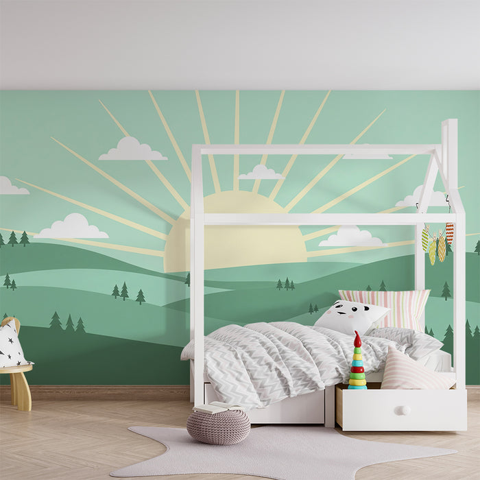 Kinderzimmer Tapete | Sonnenaufgang über grünen Hügeln