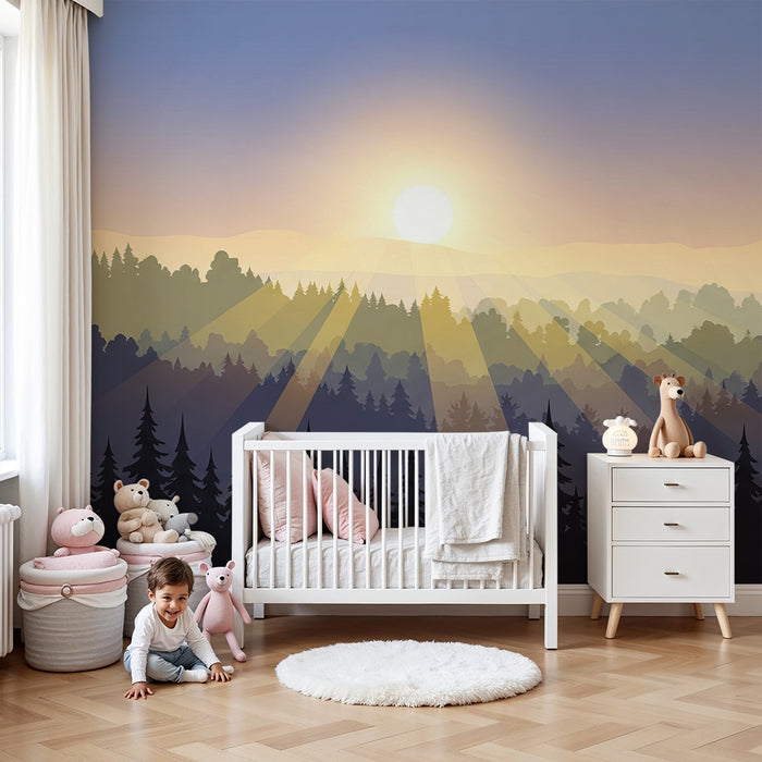 Papier peint chambre enfant | Lever de soleil sur une forêt enchantée