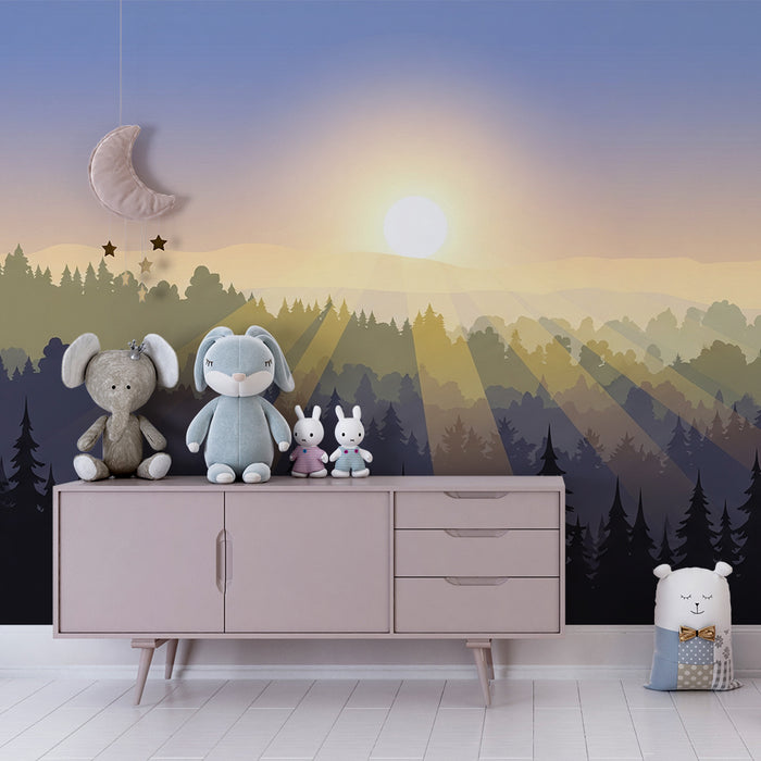 Papier peint chambre enfant | Lever de soleil sur une forêt enchantée