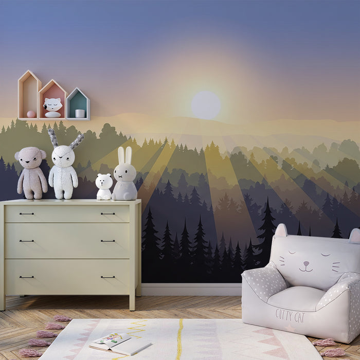 Papier peint chambre enfant | Lever de soleil sur une forêt enchantée