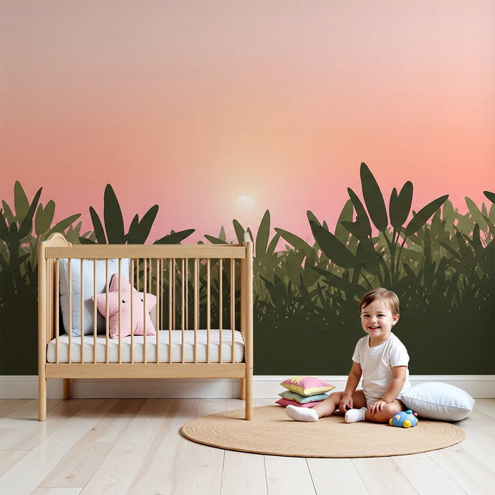 Kinderzimmer Tapete | Sonnenaufgang über einer grünen Wiese