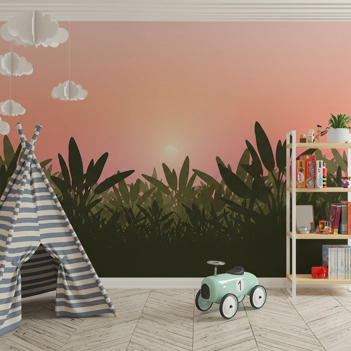 Kinderzimmer Tapete | Sonnenaufgang über einer grünen Wiese