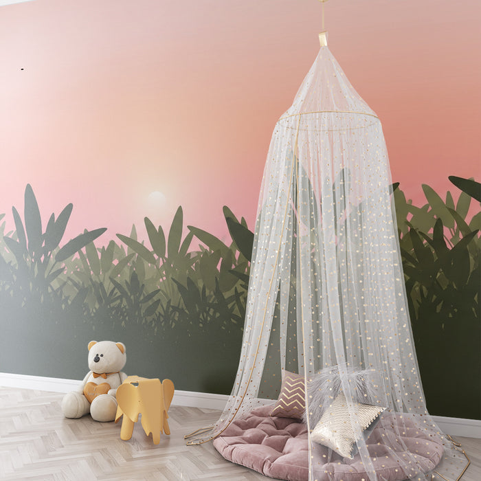 Kinderzimmer Tapete | Sonnenaufgang über einer grünen Wiese