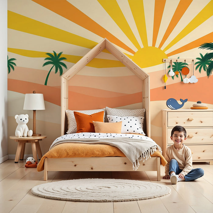 Kids room wallpaper | Tropical sunrise with palm trees and sand dunes