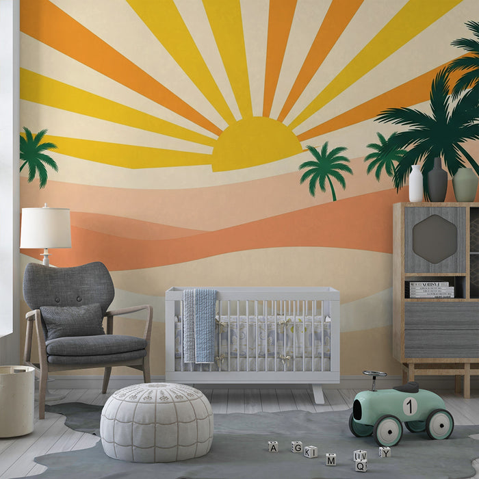 Kids room wallpaper | Tropical sunrise with palm trees and sand dunes